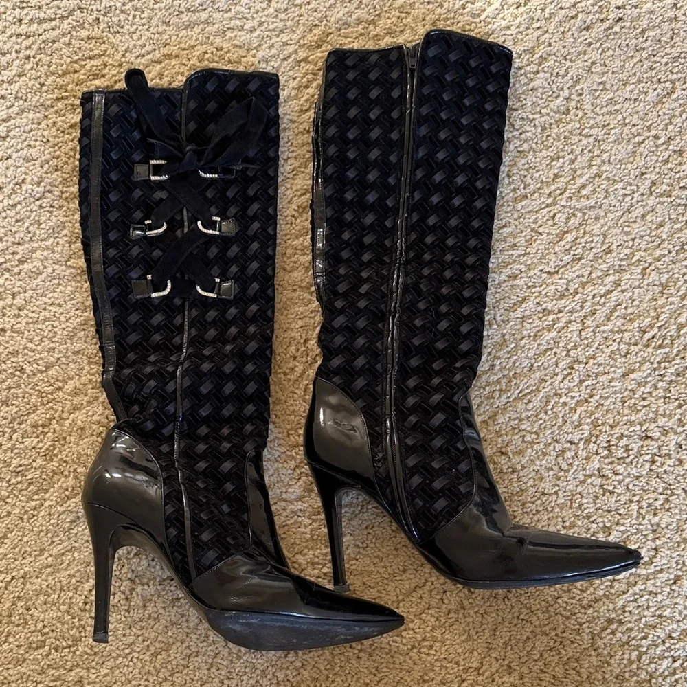 Vintage Versace Black Textured & Patent Heeled Boots Size 39 - Picture 1 of 7